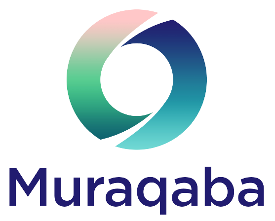 Muraqaba logo in bluish purple text and and two interlocking half circles